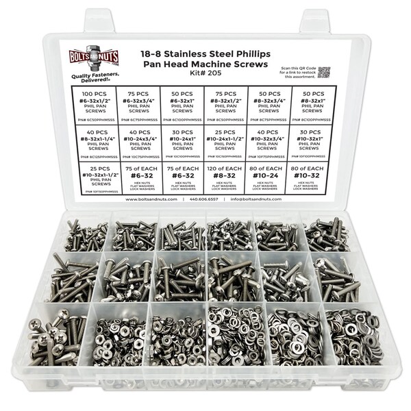 Boltsandnuts.Com Inch Stainless Steel Phillips Pan Head Machine Screws, Hex Nuts, Flat & Lock Washers - 1921 PCS Assortment Kit #205 - main
